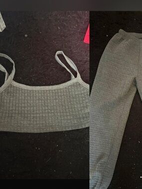 SHEIN Gray Ribbed Track Pants & Cropped Tank Set